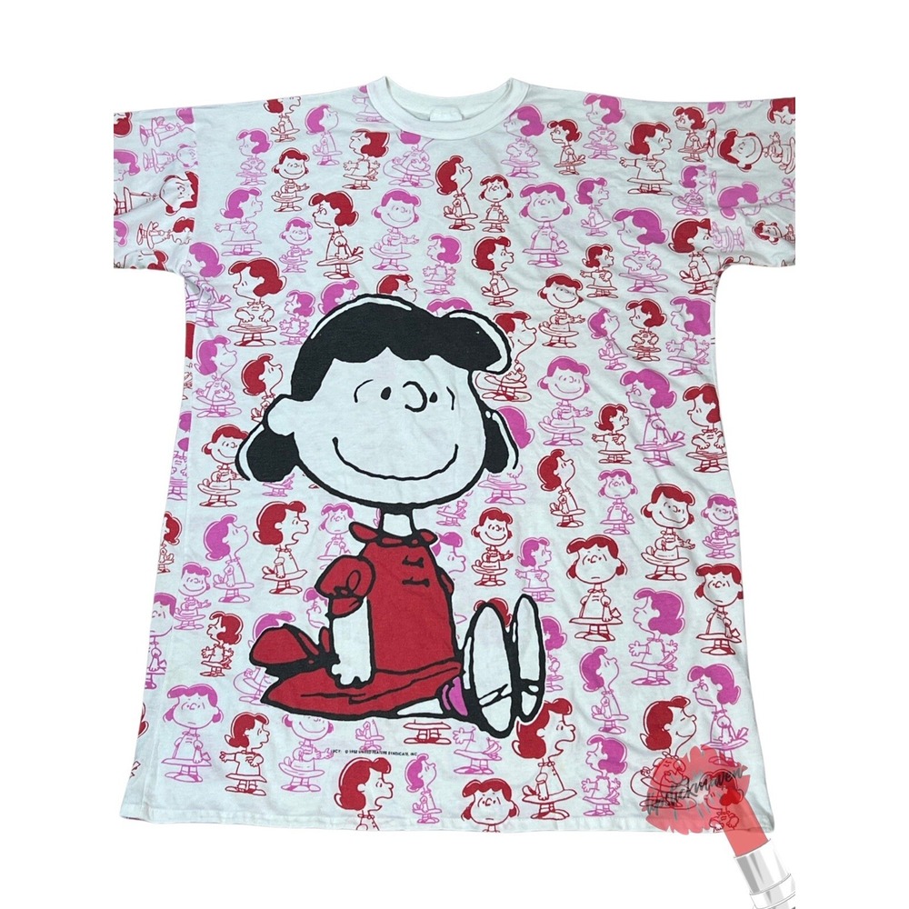 Vintage Peanuts Shirt Size 2x Long AOP LUCY Tshirt Snoopy 90s Made In USA